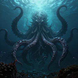 old god eldritch horror terrifying the deep abyss of the ocean floor, epic scene, deep underwater photography, hyper - detailed, gigantic cthulhu, swarm of tentacles, dark art, digital art, epic composition, ultrarealism