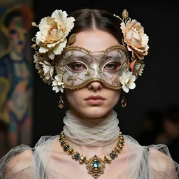 a futuristic portrait covered by mask made of wires plastic flowers, necklace made by gauzes twisted around neck, design by leonardo davinci, inspired by egon schiele, modern art, baroque art jewelry, new classic, fashion design, photorealistic, hyper realistic, cinematic composition, cinematic lighting, fashion design, concept art, 8 k