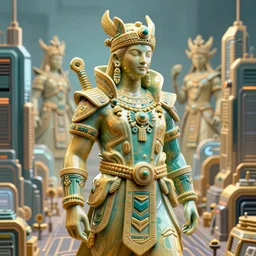 ceramic bounty hunter cyberpunk in tribal regalia, skyline cyberpunk buildings and streets, an idea seep's into infinity highly detailed in volumetric latent space, golden turquoise, cinematic light, sharp focus, divine realm of gods, octane render,