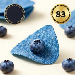 professional food photo of a blue colored tortilla chip with blueberries, award winning