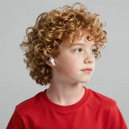 red teenager with curly blonde hair red t shirt airpods attractive, high - quality photo realistic highly detailed high - quality 8 k