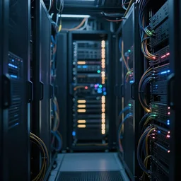 a photo of the interior landscape of dystopian server racks with cables everywhere, 8 k, glowing, atmospheric, cinematic, bokeh.