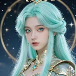 close up portrait, delicate princess warrior with pale cyan mane, stars and night background, ornate alphonse mucha, rhads, ross tran, artstation, artgerm, octane render, 1 6 k