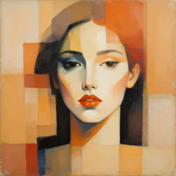 abstract art with color rectangles and beautiful female face, beautiful color composition, warm colors, black details
