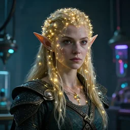 an ultra realistic, cinematic, fantasy, portrait, of a scientific elf, elden ring, fairy lights, facial features, in a lab, with futuristic clothing and neon lights, detailed, deep focus, movie still, dramatic lighting, ray tracing, by michal karcz and yoshitaka amano