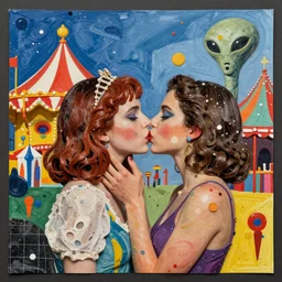 two women kissing at a carnival in an alien world, mixed media collage, retro, paper collage, magazine collage, acrylic paint splatters, bauhaus, claymation, layered paper art, sapphic visual poetry expressing the utmost of desires by jackson pollock