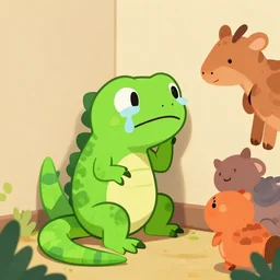 a lizard sitting in a corner crying while being bullied by other animals, cartoon style