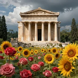 beautiful highly detailed digital illustration of roses and sunflowers in front of a greek palace ruins in the forest. by Andreas Rocha, dramatic clouds, establishing shot, cinematic, architecture, artstation HQ, HD, 8k resolution, featured in art magazine, amazing depth, octane render, unreal engine 5