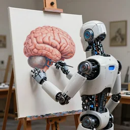 photorealistic illustration of a sci - fi robot painting a picture of a human brain on a canvas in an artist studio