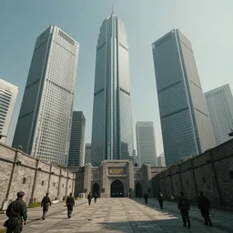 “a walled off military style compound with gigantic wide skyscraper. guarded with enemies. Establishing shot. 2077 Photomode in the architectural style of Neo-Tokyo. 8k ”