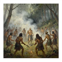 ismail inceoglu epic painting of ancient tribal war, forest, smoke and mist, painting, line art, art concept for a book cover, trending on artstation, by greg manchess and by craig mullins and by kilian eng and by jake parker