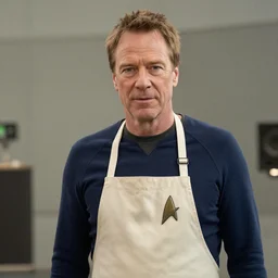 patrick stewart on the set of star trek wearing an apron, photorealistic