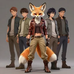 beautiful portrait of a female anthropomorphic fennec fox fursona wearing a leather jacket. leather gloves. leather boots. khaki cargo pants. character design by charlie bowater, ross tran, artgerm, and makoto shinkai, detailed, soft lighting, rendered in octane