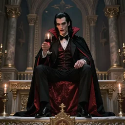 vampire dressed in black and red formal clothing, with long black hair and a clean shaven face. the vampire is holding a glass of rewine and a lit match, sitting atop a catholic church altar. cinematic shot, poorly lit, ominous, photo.