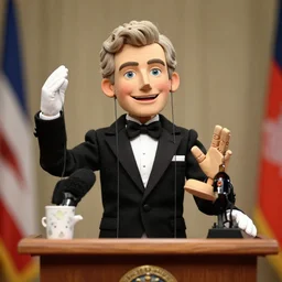 president marionette with strings and puppeteer in a podium giving a press conference