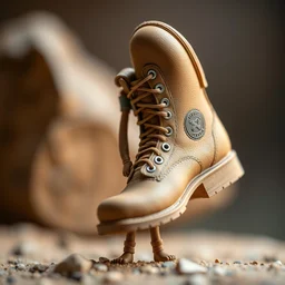 very small mormon man holding up an enormous boot, macro photography, 1 0 5 mm f 2. 4