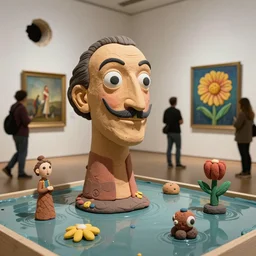 plasticine sculpture stop motion. salvador dali clay models. gallery painting of flower. water floor. visitors. room with a hole in wall. john craxton. high detail. photorealistic