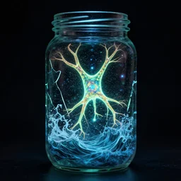 bioluminescent neurons floating jar of broken glass with a dramatic turbulent ocean, concept artists, backlit, dark background, intricate, indie studio, realistic, rim lighting, flourecent colors, emotional, sketch, realistic, whimsical, noise, stippling