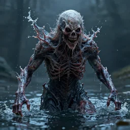 hyper realistic highly detailed terrifying entity only made of realistic water. perfect water texture. photography render.