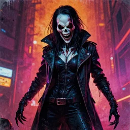epic wicked evil nasty filthy cyberpunk ghost rider, 8K, trending on ArtStation, vivid colors, grungy, photographic emulsion, horror masterpiece, cinematic lighting, still from dramatic action sequence, grattage