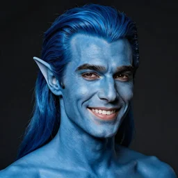 a portrait of a man with blue skin, buff, elegant, pointed ears, chiseled jaw, smiling, handsome man, 3 0 s, long blue hair on top, short hair on sides, style by donato giancola, wayne reynolds, jeff easley dramatic light, high detail, cinematic lighting, artstation, dungeons and dragons