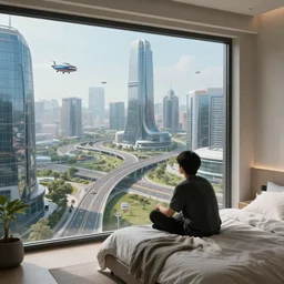 A thoughtful person sitting on a bed in a room on the second floor overlooking a futuristic city, Many winding roads, tall glass buildings, flying vehicles, drawing style, 50mm lens, highly detailed, concept art, 4k, trending on ArtStation, CgSociety, octane render.