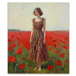 a painting of a woman in a dress made of branches standing in a field of red flowers by craig mullins, trending on artstation, color field, concept art, artstation hd, matte drawing