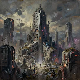 a gorgeous, fantastic, magic painting of a post apocalyptic city by michael kidd, sturm und drang, moebius, trending on artstation, artgerm, acrylic on canvas, muted colors, darker,!! low contrast!!, chillwave