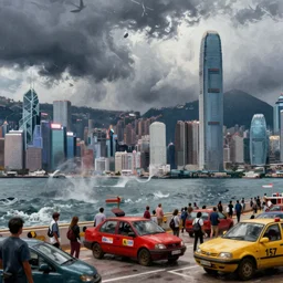climate migrant crisis, ultra realistic, severe weather storms, hong kong, digital painting, vibrant colors, hyper realistic, maximalist art style, artstation, featured on z brush, 8 k, 3 5 mm film grain