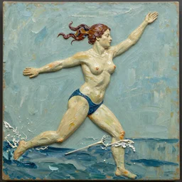 3d high relief painting of female swimmer painted in the style of the old masters, painterly, thick heavy impasto, expressive impressionist style, painted with a palette knife