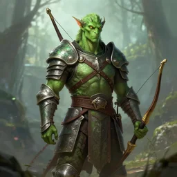 dnd dragonborn with light leather armor which is green and a bow, fantasy art