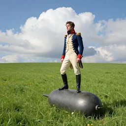 napoleonic young man on a landmine in a lush green field. big white clouds. blue jacket.