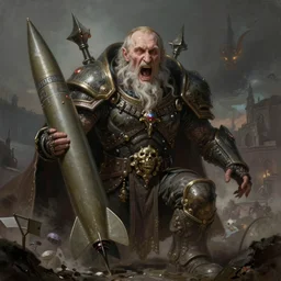 old vladimir putin as a grim god of death and war, very detailed, screaming, very old, holding an cruise missile. artwork by artgerm, centered face shot, wide angle, full body, elfpunk, mythpunk, fantasy, highly detailed, digital painting, artstation, smooth, sharp focus, art by thomas kinkade and h. r. giger and tyler edlin