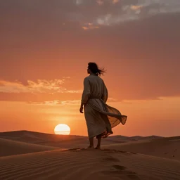 a man on a sand dune, silhouetted against the horizon, desert landscape, simple robe blowing in the wind, sun setting, orange and red sky, detailed, futuristic, volumetric light, intricate, detailed, photorealistic imagery, artstation, by Greg Rutkowski and Gaston Bussiere