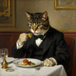 a gentleman cat in a suit is eating in a very expensive restaurant, oil painting by Albrecht Dürer, without frame, classical painting, high definition, digital art, matte painting, very detailed