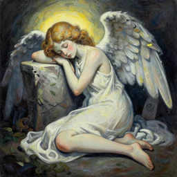 angel of listlessness lazying around. heavily stylized, gouache painting by indie cartoonist. backlighting, chiaroscuro, intricate details.