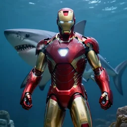 film still of a shark in the style of iron man in the movie iron man, photography, 4 k