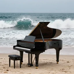 grand piano in a middle of the beach, big wave behind it
