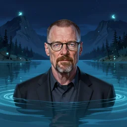 portrait of walter white in a magical lake, half submerged in water, highly detailed, digital painting, artstation, night scene with moutains with glowing sprites, wlop concept art, smooth, sharp focus, illustration, art by dreadjim, craig mullins and greg rutkowski, 8 k