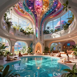 detailed artstation style, futuristic utopian fantasy, Sol Retreat, interior, health spa and meditation center, indoor pool, sunlight through windows, vibrant, futuristic utopian architecture