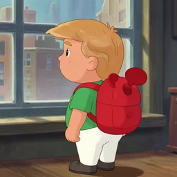 little ginger donald trump, wearing white pants and green shirt and red propeller backpack, in a room, closeup, old city through window, red propeller on his back, concept art, artstation, disney, pixar, dreamworks, anime, tyler edlin, feng zhu, jparked, thomas karpi