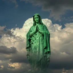 wide angle sky with green virgin mary cloud in center