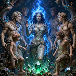 shades of forgotten misery and despair by michael whelan and roger dean and brom and hubert robert and greg staples and donato giancola, beautiful, mythical, flesh robe, highly detailed, hyperrealistic, intricate, energy, electric, blue flame, low light, green crystal, high contrast, old and young, lifelike