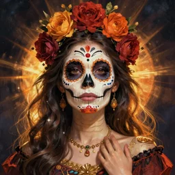 Illustration of a sugar skull day of the dead girl, art by alphonse mucha