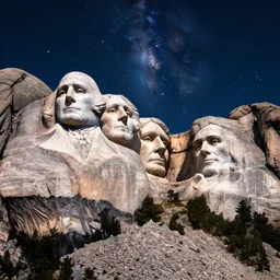 visually stunning, cinematic, ultra realistic, hyper realism, 1 2 k, epic, octane render, unreal engine, vfx, maya wyatt earp and doc holliday recreate mount rushmore national memorial : clear night sky stars and galaxies : great vast sky full of stars and planets