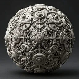 a stunning ultra detailed intricate spherical polymer clay sculpture made of tiny repetitive scifi geometric shapes, paisley patterns, curvy fractals, artstation, deep depth of field, volumetric lighting, 3 d model, 8 k, dark background
