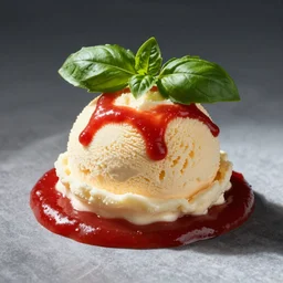 dslr food photograph of vanilla ice cream with ketchup on, a leaf of basil on the ice cream, french fries on the side, a bottle of ketchup, bokeh, 8 5 mm f 1. 4