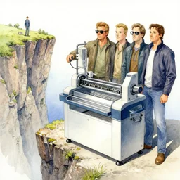 watercolor knife throwing machine on cliff by richard corben, boris vallejo, bernie wrightson, ian miller, boris vallejo, & albrecht durer, fine art masterpiece baked at 3 0 0 f, matte painting, backlit dystopian lighting, photorealistic render, cinematic,