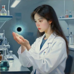 an oil portrait painting of a beautiful young female scientist in a laboratory looking at a small glowing black hole in her hand, by zhong yang, elegant, sharp focus, morandi color scheme, illustration, high quality, highly detailed, long hair, digital art, science fiction art style, art station