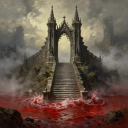 a gorgeous landscape painting of a lonely magnificent gothic gate to the hell on the long stepts, by barlowe wayne, maxfield parrish and marco mazzoni, 3 d, octane render, turbulent blood lake, fog, 8 k.